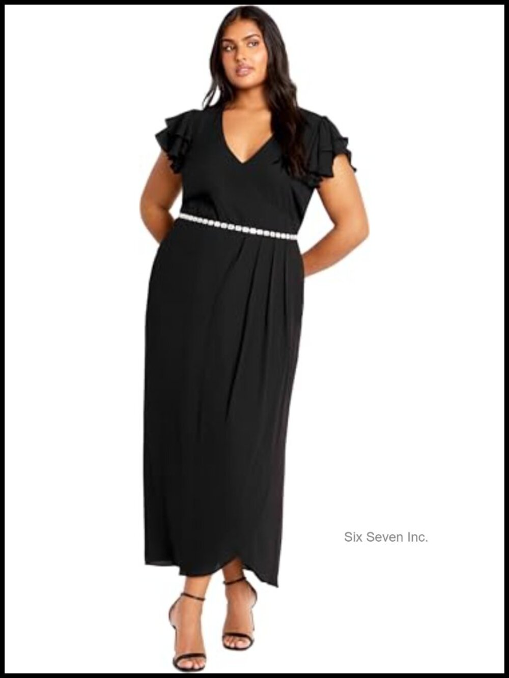 Plus Size Maxi Dress with Diamante Belt V-Neck Flutter Sleeve Wedding Guest